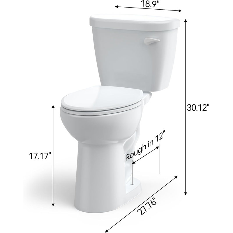 Two-Piece Elongated Ceramic Toilet, 1.28 GPF Single Flush, Universal Height, Soft Close Seat, 12-Inch Rough-In