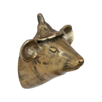 Tête de souris en aluminium moulé avec chapeau, décoration murale en laiton antique