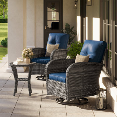 3-Piece Outdoor Wicker Swivel Rocker Set with Cushions and Side Table