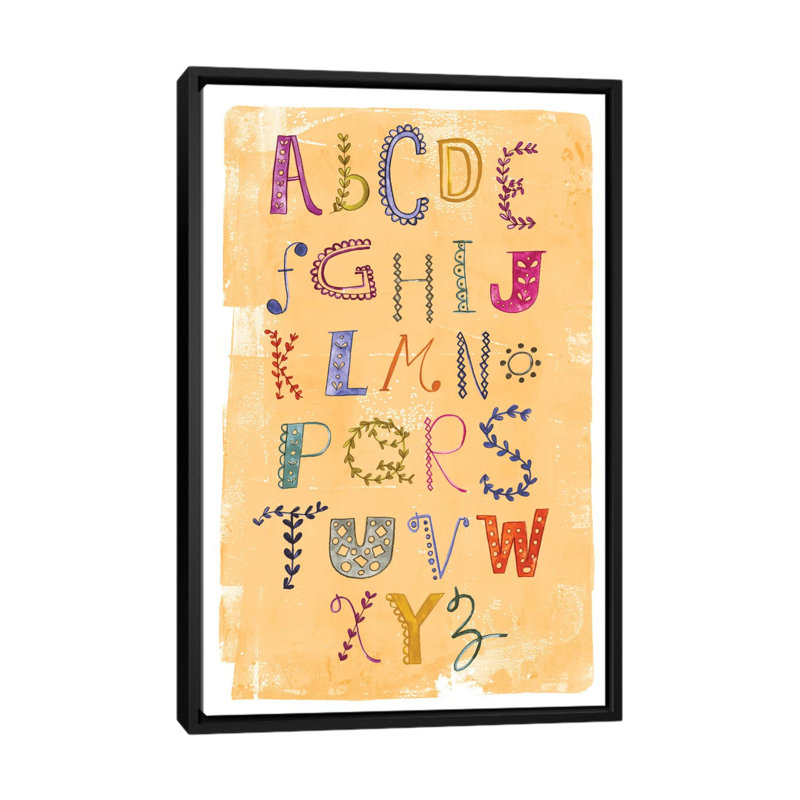 « alphabet », art textuel sur toile tendue, H 26 po x l 18 po x P 1,5 po, Toile avec cadre noir, Pas de tapis