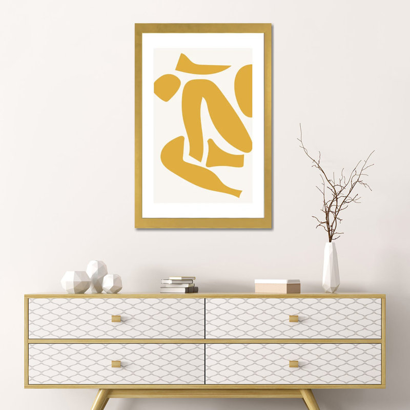 « Déconstruit jaune » par Mambo art studio-impression, H 24 po x l 16 po x P 1 po, Blanc, Papier encadré doré