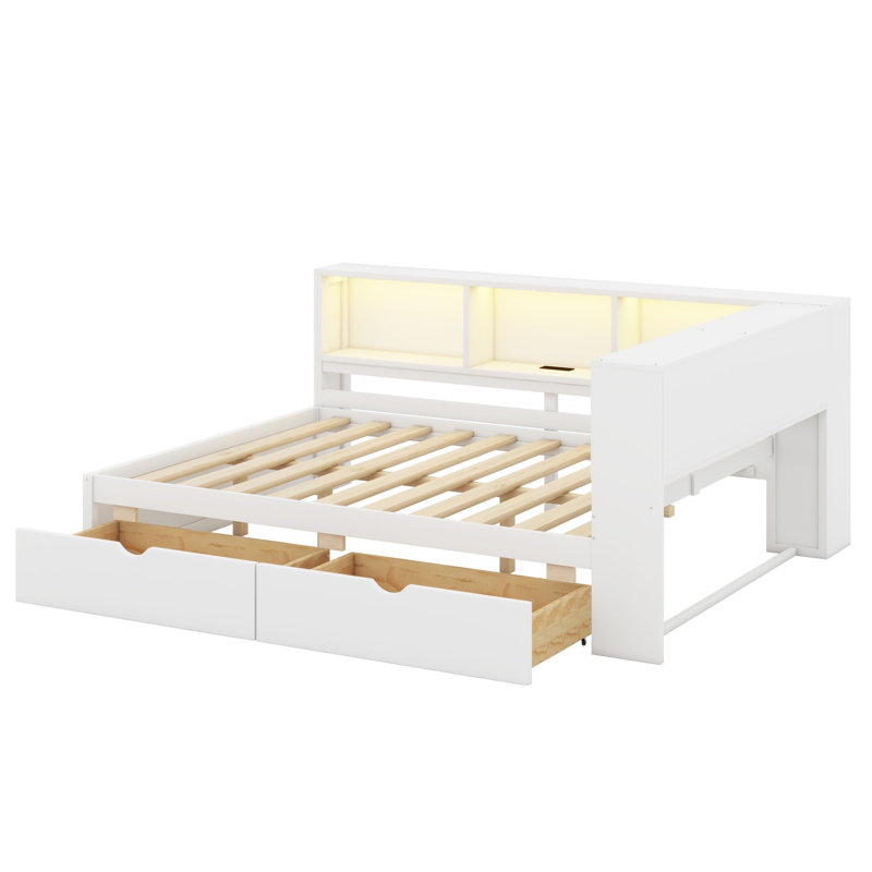 Lit de jour moderne en bois avec tablettes intégrées, charge USB, lumières DEL et 2 tiroirs de rangement, Blanc