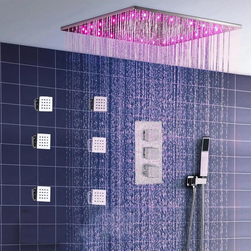 Ensemble de robinetterie thermostatique en nickel brossé avec pommeau de douche effet pluie DEL de 30 cm (12 pouces) et système de massage.