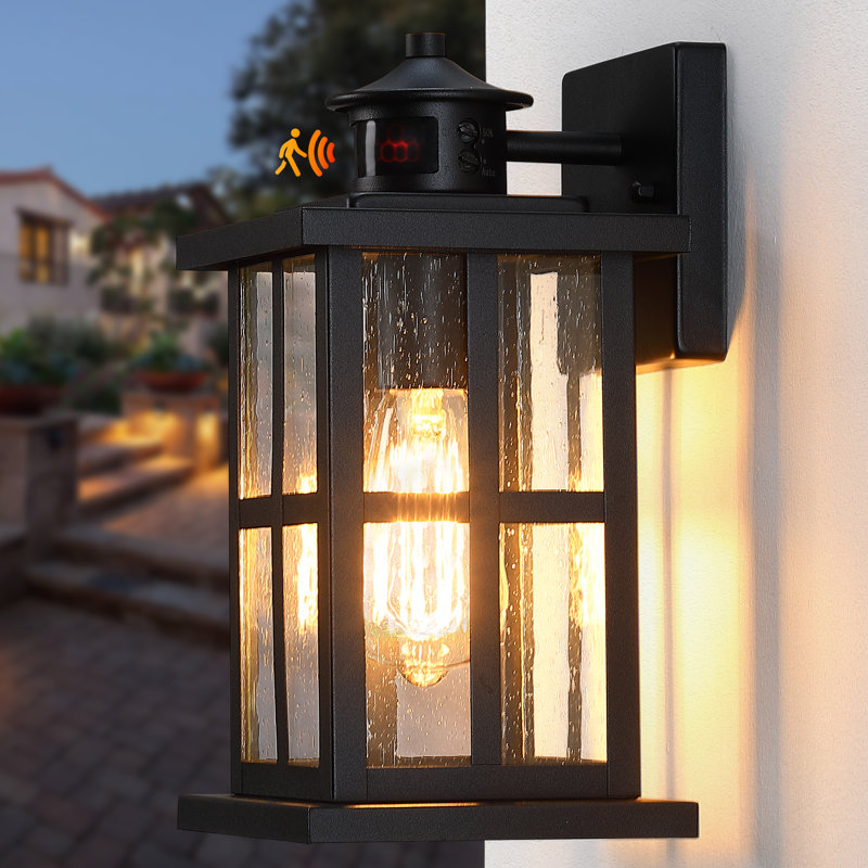 12" 1-Light Motion Sensor and Dusk to Dawn Outdoor Wall Sconce with  Seeded Glass Shade, Black, 1 Light