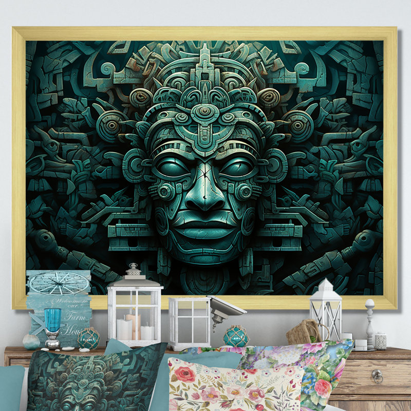 Masque maya magique aztèque - art mural mexicain, salon, H 34 po x l 44 po x P 1,5 po, Cadre doré simple