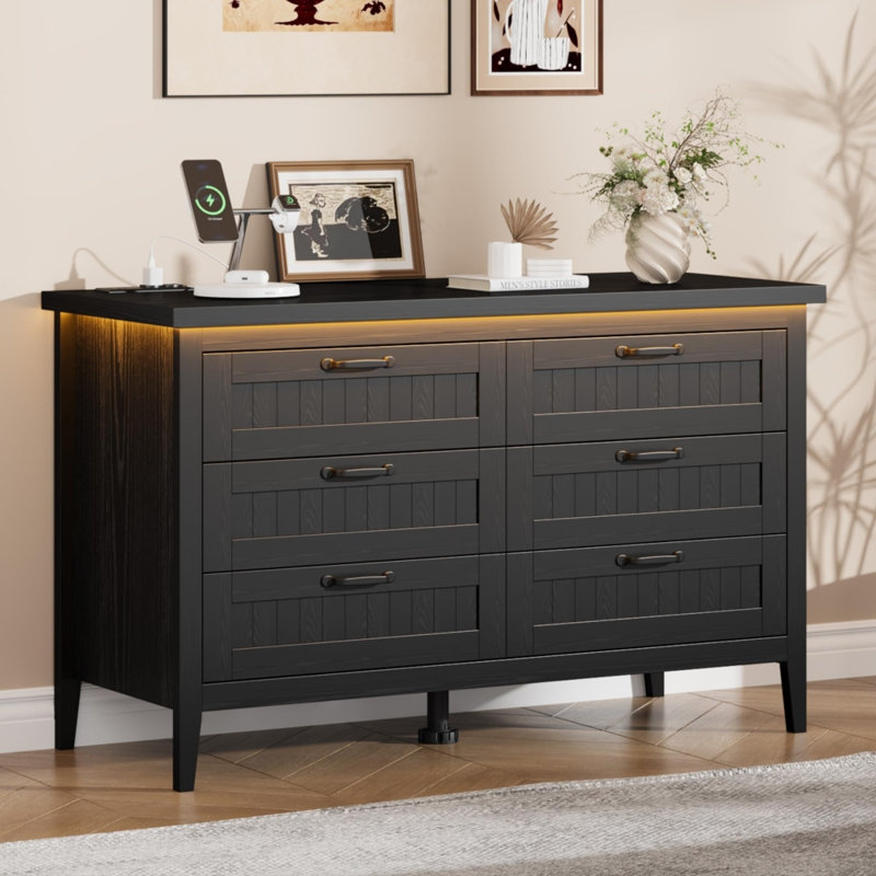 Wide 6-Drawer Wooden Chest – Dark Oak, LED Lights & Power Outlet, Modern Bedroom Organizer (Dark Oak), Black