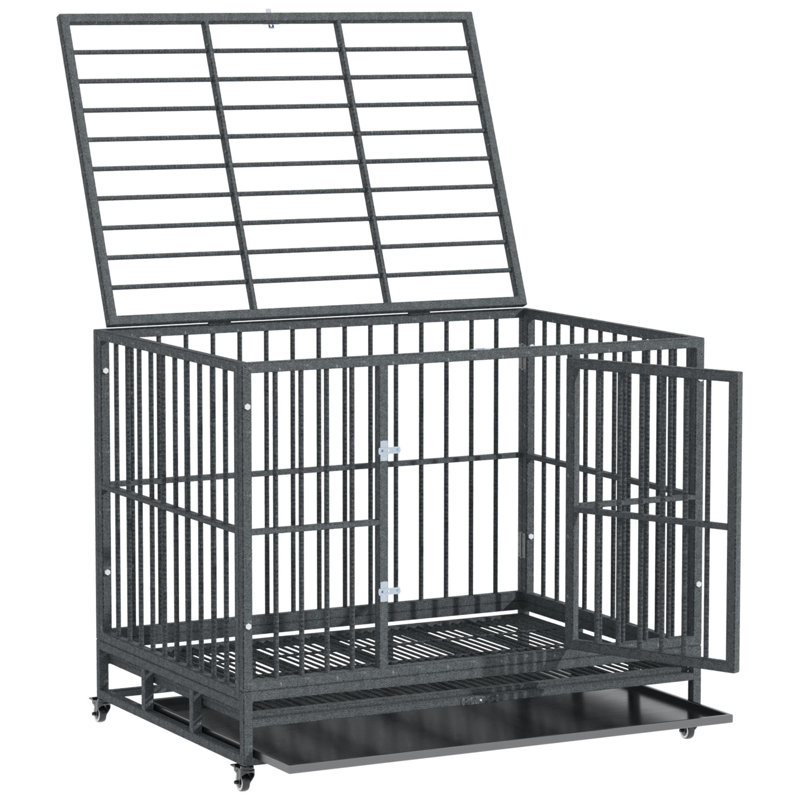 Large Gray Rolling Metal Dog Crate with Double Doors