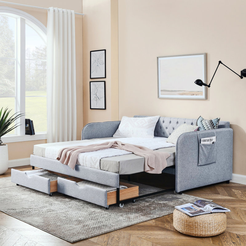 Daybed With Trundle Bed, Two Storage Drawers For Bedroom, Living Room, Gray