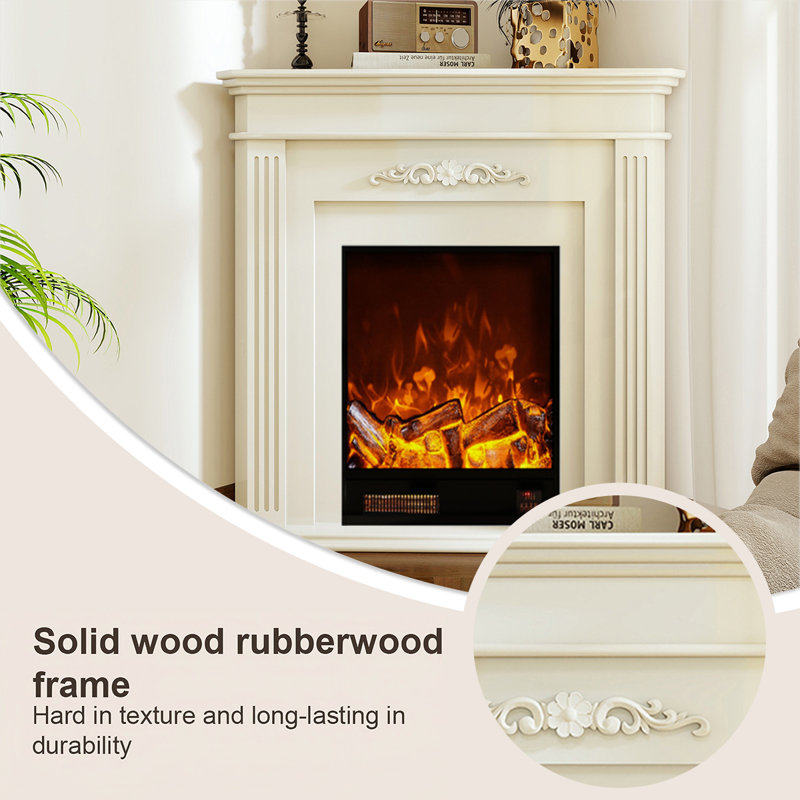 33.07"White Triangular Electric Fireplace with Flame Effect, 39.37" H x 33.07" W x 23.62" D