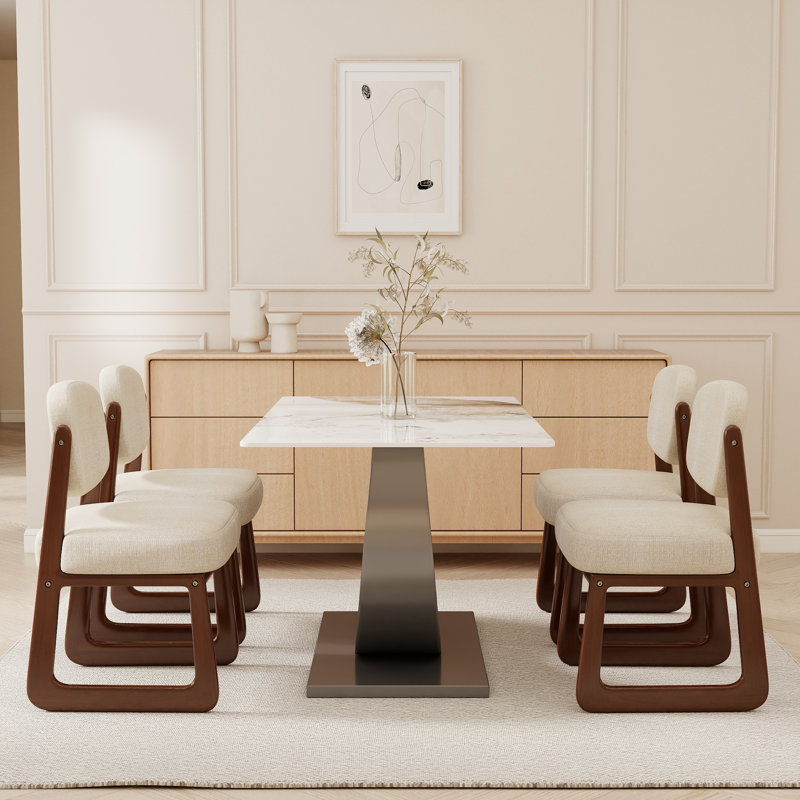 Ensemble de salle à manger 7 pièces avec 4 chaises en bois massif, Beige, Brown