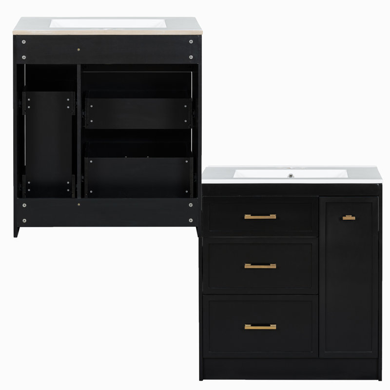 Ensemble de meuble-lavabo simple 30 po avec lavabo en céramique, poignées dorées et trois tiroirs de rangement noirs