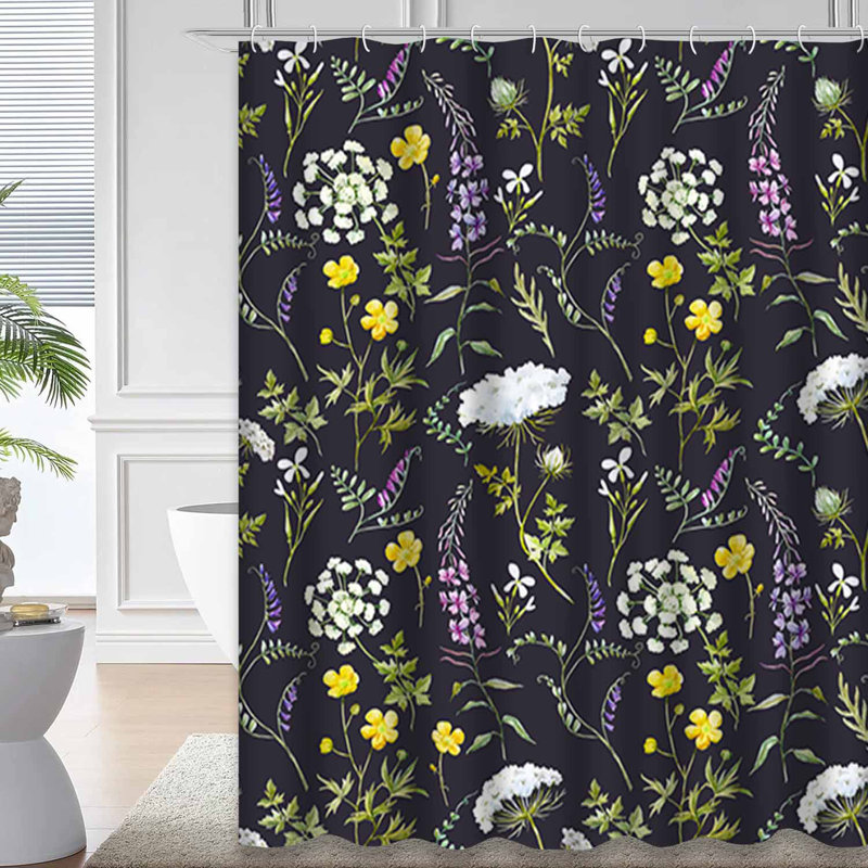 Rideau de douche aquarelle fleurs sauvages et grandes sarcelles avec 12 crochets, L 72 po x l 72 po
