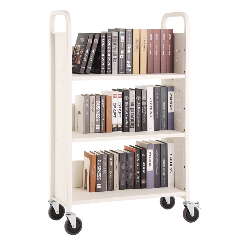 White Carbon Steel Rolling Library Book Cart with Lockable Wheels