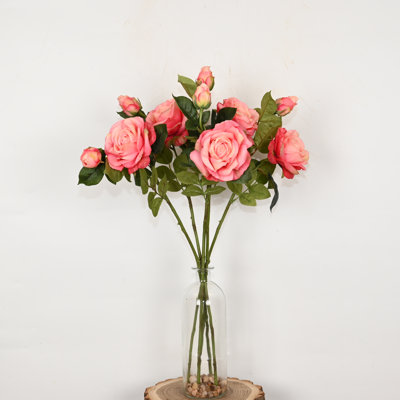 24" Artificial Rose Floral Arrangement In Glass Vase With Faux Water, Farmhouse Foliage Long Stem For Wedding Party Home Office Table Centerpiece Shelf Decorations