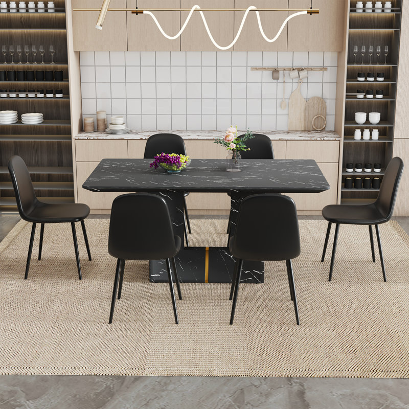 Ensemble de table de salle à manger en MDF à motif de marbre noir de 6 po x 35,4 po avec 6 chaises rembourrées en forme de cuillère en polyuréthane noir, emballées dans 1 boîte