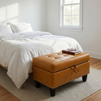Vintage Faux Leather Storage Ottoman - Tufted Lift-Top Bench With Rivet Accents, Hidden Storage Space For Living Room & Bedroom, Caramel