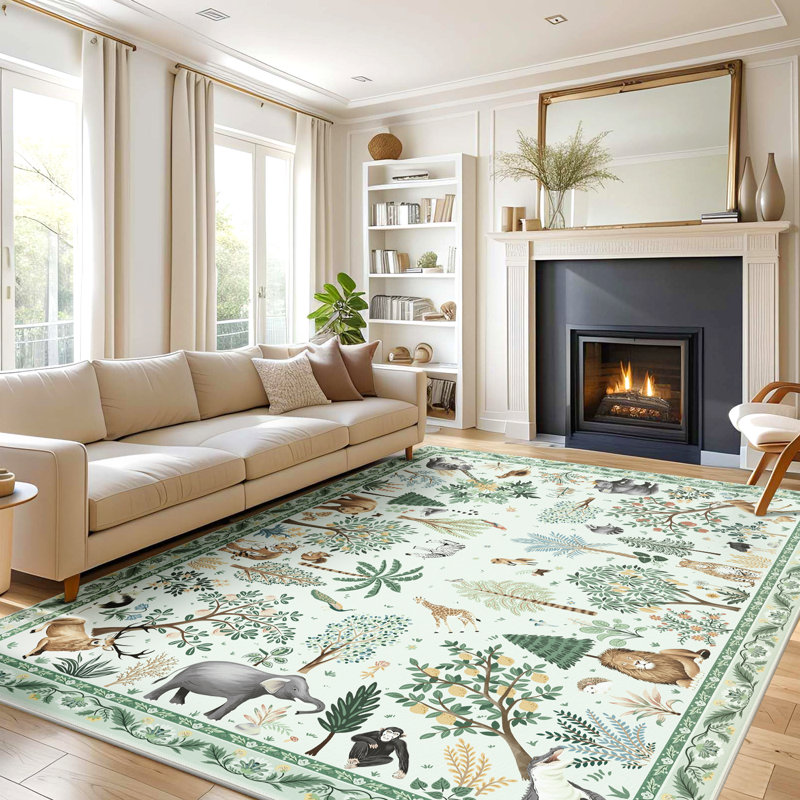 Washable Low Pile Jungle Animal Print Kids Area Rug With Non-Slip Backing, Beige, Rectangle 3' x 5'