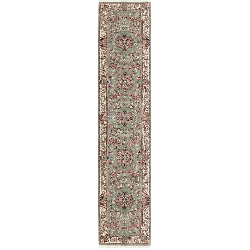 Hand-Knotted High-Quality Light Green and Cream Runner