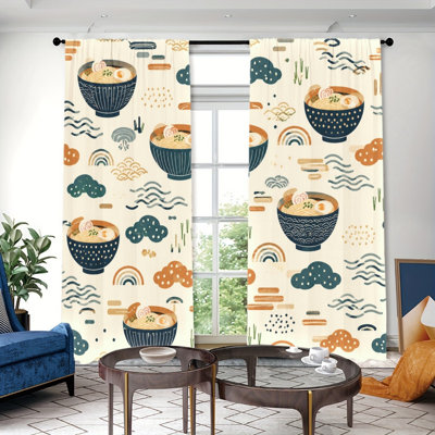 2PCS Kawaii Cute Ramen Bowl Food Light Filtering Rod Pocket Curtains, Fun Cartoon Kitchen Cafe Print Window Drapes, Easy Install Rod Pocket Design, All Season Playful Home Decor for Living Room, Bedroom, Dorm, Lovely Food Themed Window Coverings