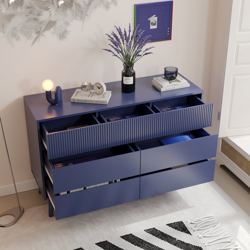 Wood 7-Drawer Dresser - Striped Surface & Pull-Free Drawers, Marine