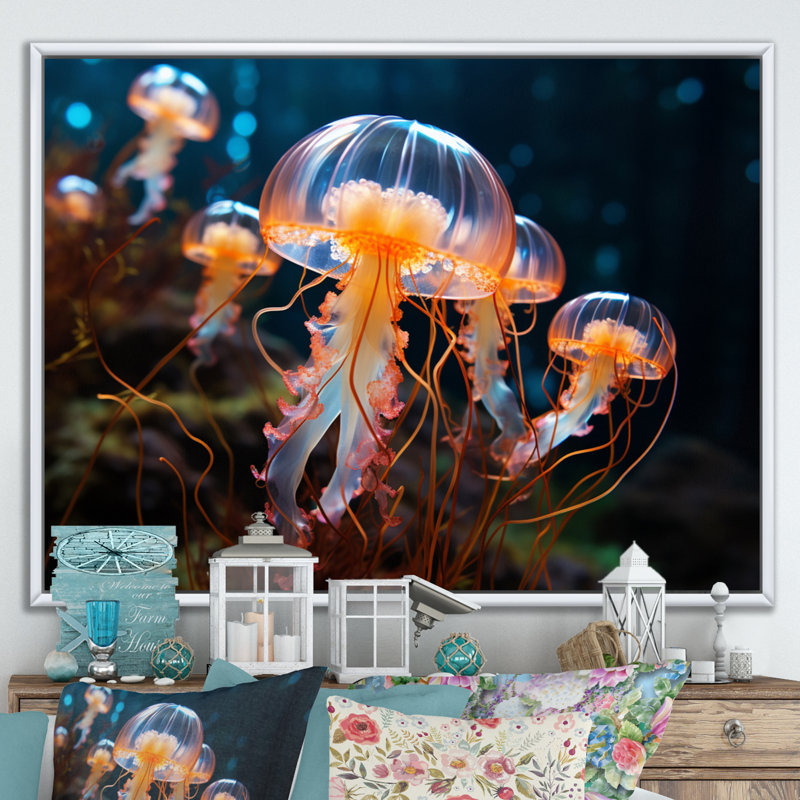 Méduse Oceans Glow II - imprimé, Cadre flottant blanc, H 12 po x l 20 po x P 1 po