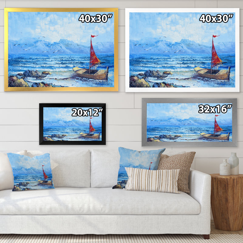 Voilier rouge sur un océan bleu - reproduction sur toile, Toile à cadre d'angle fermé doré, H 16 po x l 32 po