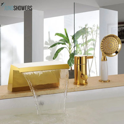Juno Kai Widespread Roman Bathtub Faucet with Handheld Shower Elegant Gold Finish