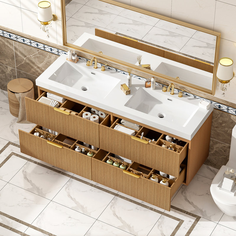 Meuble-lavabo mural double vasque de 150,6 cm (59,3 pouces) avec comptoir en SMC, armoire en MDF mélaminé à grain de bois et tiroirs à fermeture douce