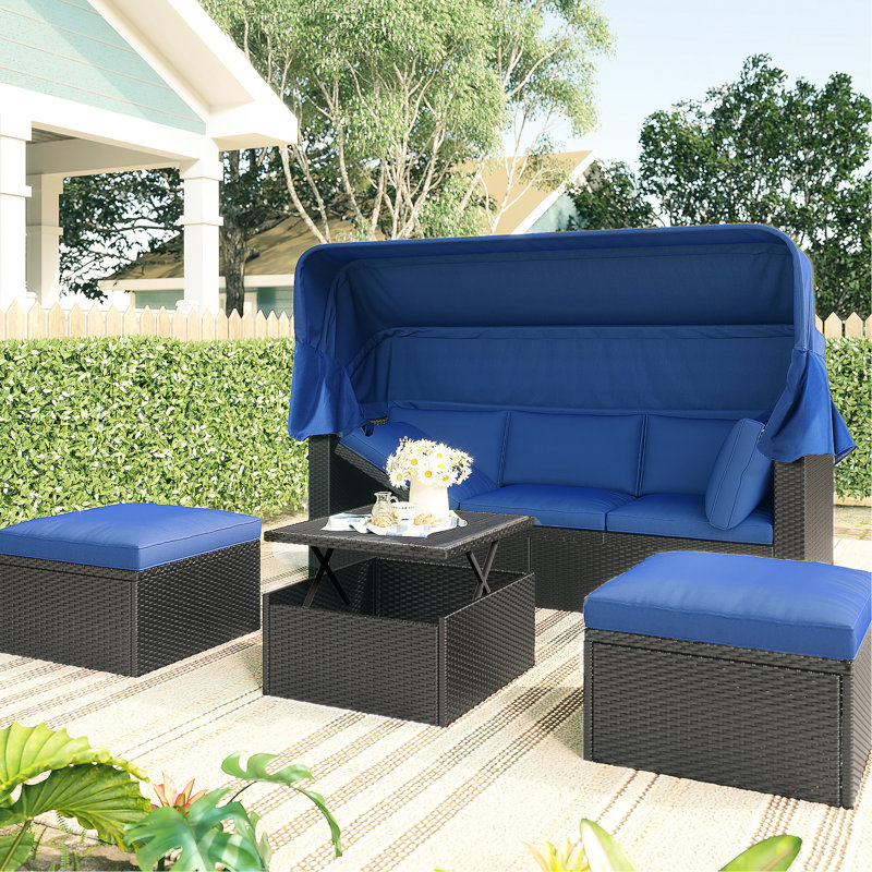 Lit de jour de terrasse avec auvent rétractable et coussins confortables pour le patio extérieur, Blue