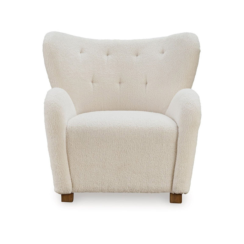 Chaise Lao, dossier à oreilles, dossier rembourré et capitonné, polyester, Mélange de polyester beige