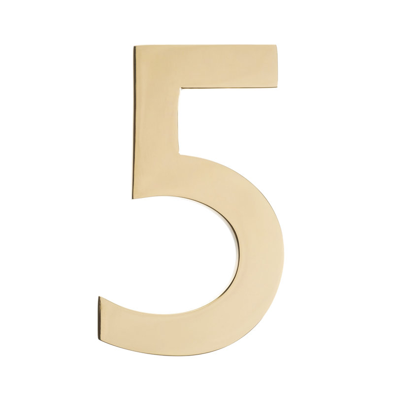 Numéro de maison à fixation affleurante, Cinq, Polished Brass, 5 pouces