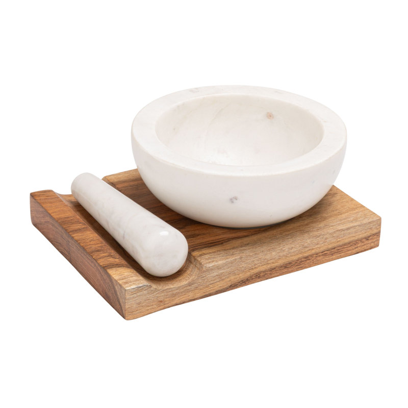Marble Mortar And Pestle With Acacia Wood Base