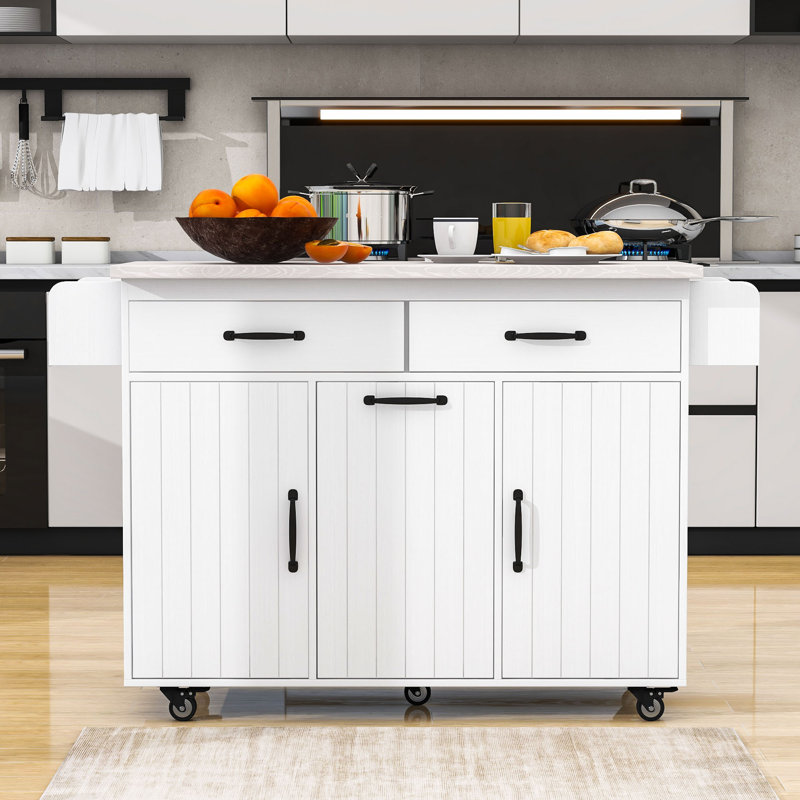 Okeima Kitchen Island Cart with Drop Leaf, Spice and Towel Racks, Trash Can Storage and Rolling Wheels, Cream/White