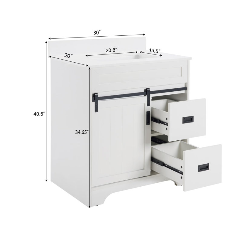 Meuble-lavabo simple 30 po avec lavabo, meuble-lavabo de ferme avec comptoir en céramique et porte de grange coulissante, 2 tiroirs, blanc