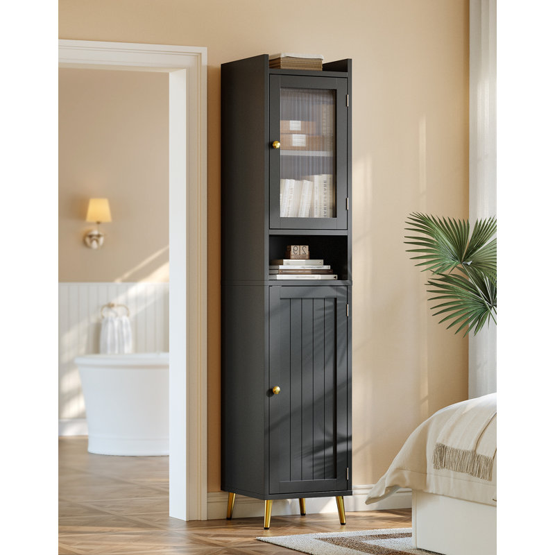 Armoire en lin manufacturé à 2 portes en bois et verre, Noir satiné