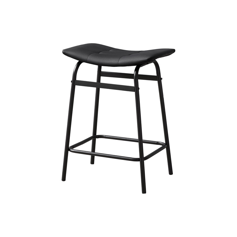 Barstool, Counter Height, Set Of 2, Kitchen, Black Leather Look, Black Metal, Contemporary, Modern