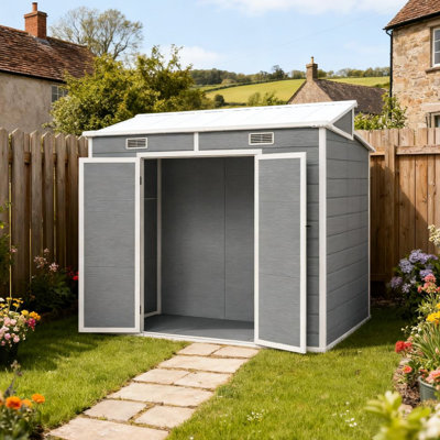 Remise à outils pour la cour en résine avec plancher, 93,7 po de longueur, 49,2 po de largeur, 72 po de hauteur, gris, deux évents, portes à double charnière sécurisées, jardin naturel X 72 po, construction en polypropylène, ventilation