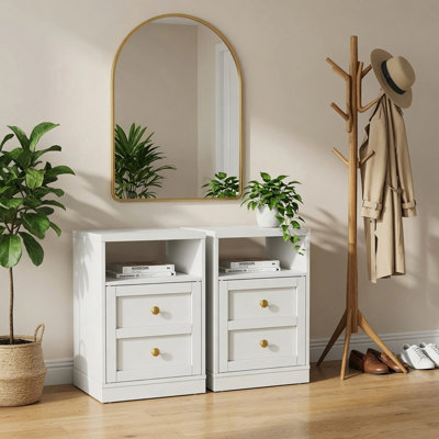 Set of 2, 15.7” Width White  Wood Nightstand with Door & Shelf, Faux 2-Drawer Modern Side Table