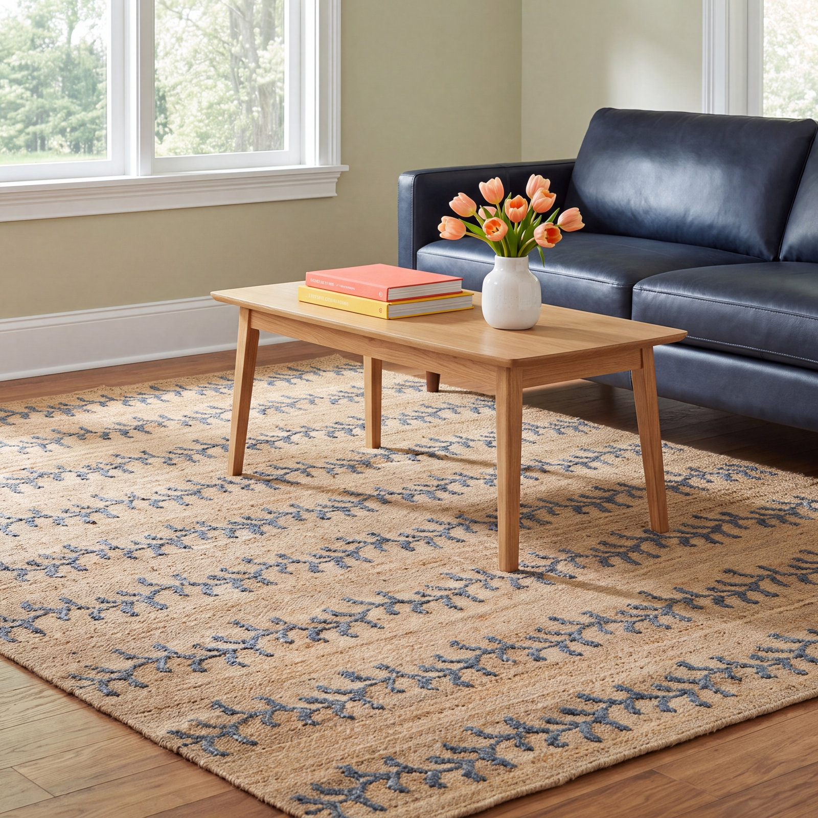 Adoria Blue Hand-Woven Striped Jute Rug, Rectangle 9' x 12'