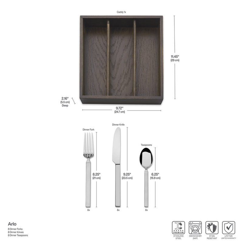 Arlo 24-Piece Stainless Steel Flatware Set with Rubberwood Caddy, Service for 8