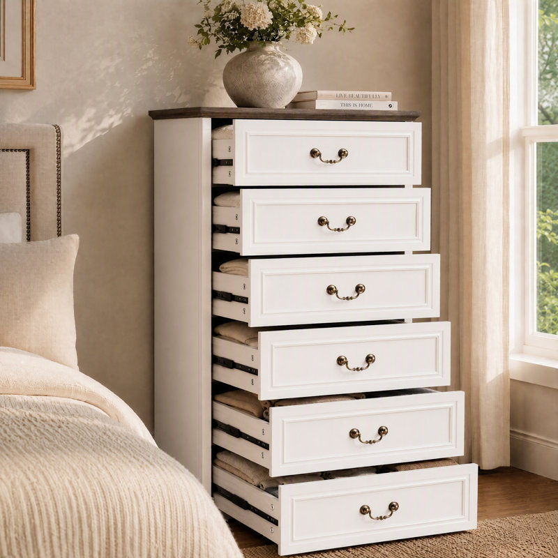 Commode verticale de style champêtre de 74 cm de large avec 6 grands tiroirs, commode de rangement haute avec un agencement spacieux de tiroirs, chambre à coucher