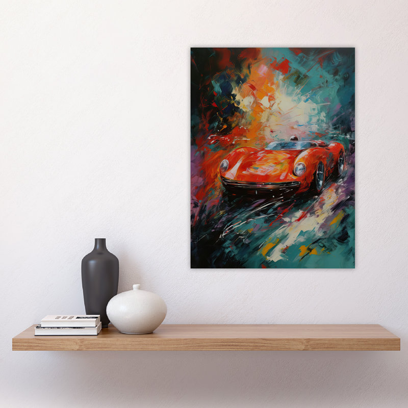 Wall Art Print Red Classic Sports Car Oil Painting Colourful Sleek For Fan Cave Poster