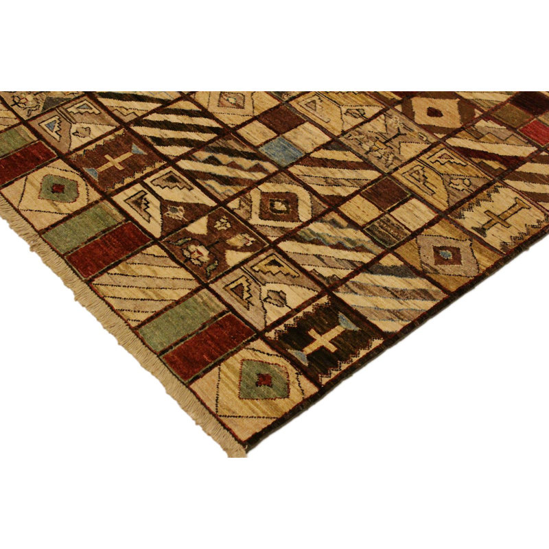 Tapis géométrique brun en laine noué à la main à motif géométrique 3 pi 11 po x 5 pi 7 po Southwestern