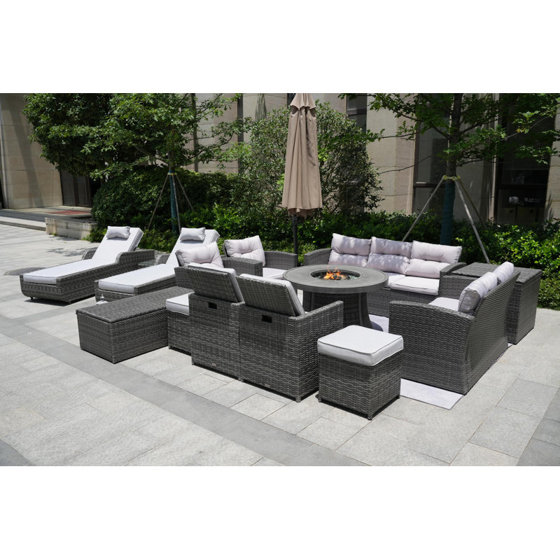 Ensemble de conversation en osier / rotin pour 13 personnes avec coussins Areefa, Gris