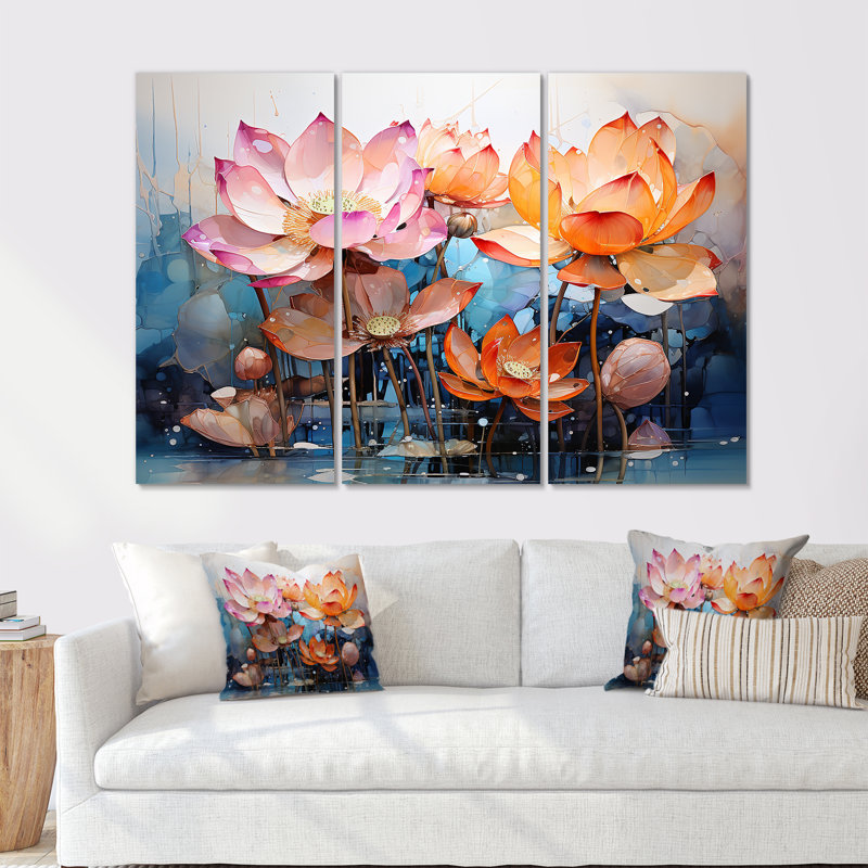 Fleurs de lotus fauves - ensemble de décoration murale lotus, H 40 po x l 60 po x P 1 po