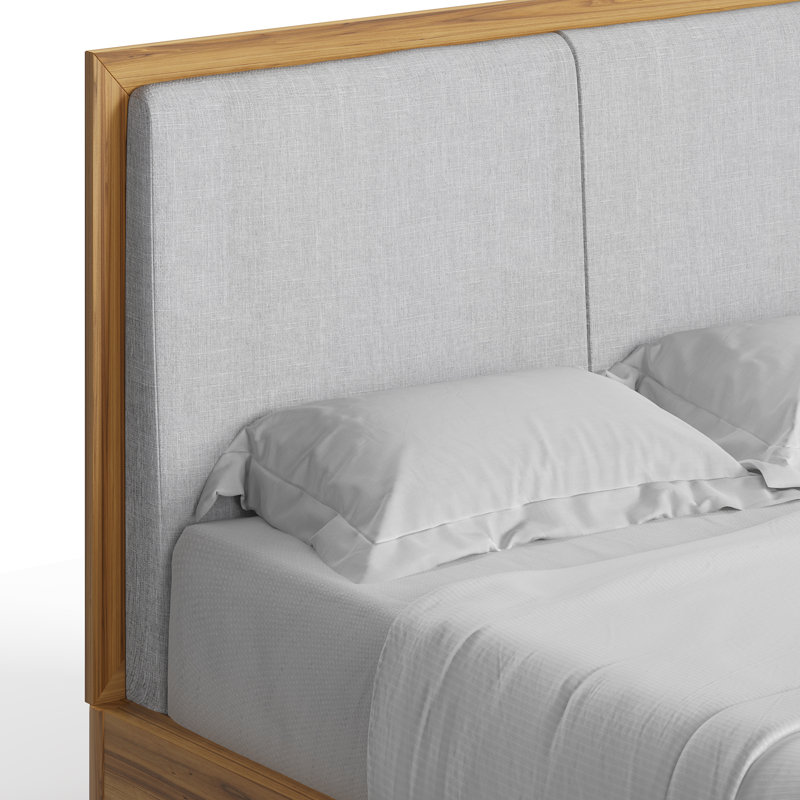 Natural Wood Queen Upholstered Platform Bed with Storage Drawer