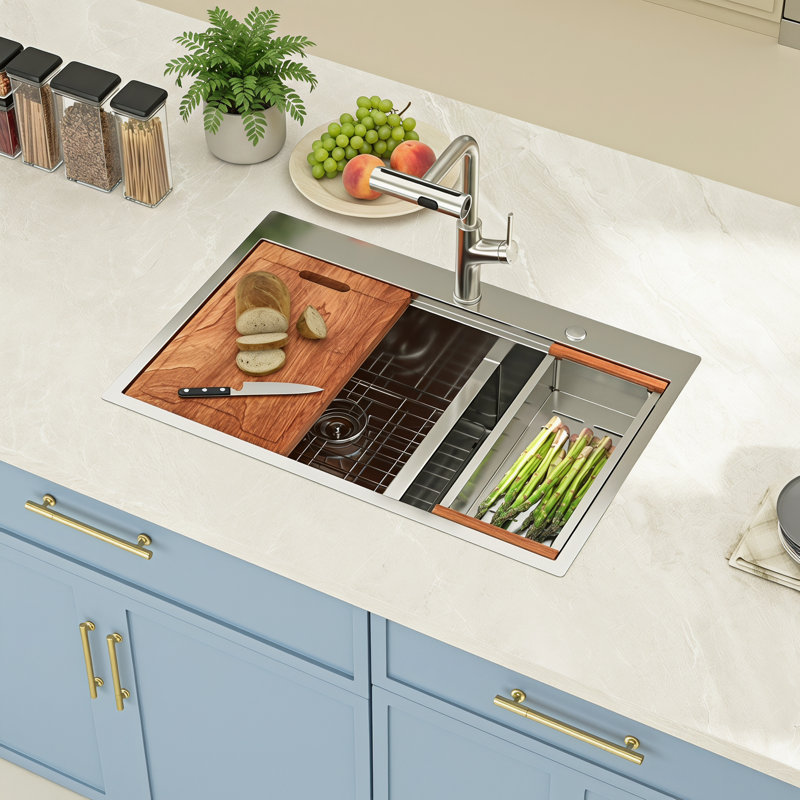 33" L x 22" W Drop In Double Bowl Kitchen Sink Workstation Low-Divide 60/40 Stainless Steel Sink