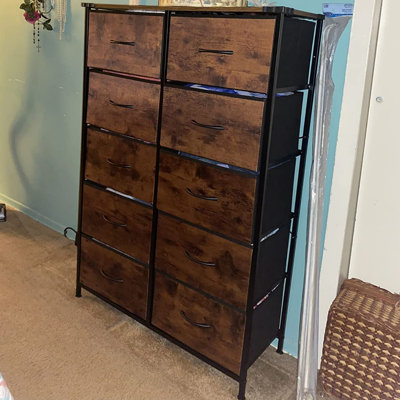 Commode Cecilla à 10 tiroirs pour chambre à coucher, commode haute de rangement avec plateau en bois, structure robuste, commode double marron pour salon, garde-robe, couloir