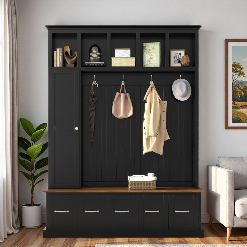 Arbre d'entrée multifonctionnel avec casiers ouverts, crochets à manteau, banc, tiroir et armoire fermée, Noir antique