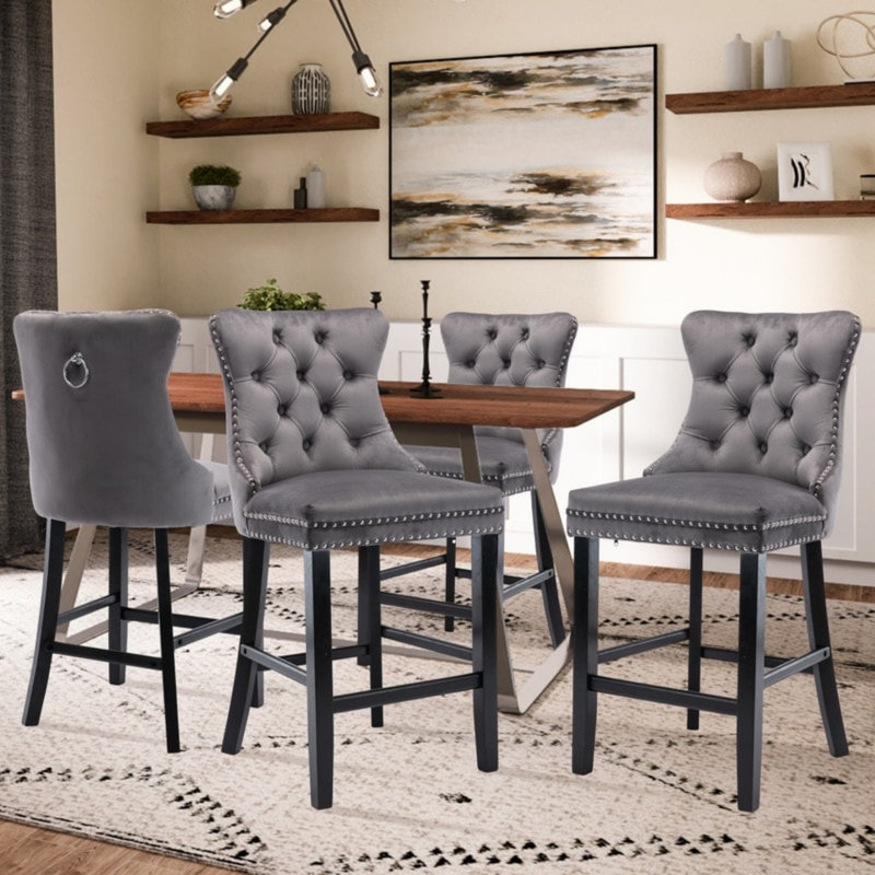 Upholstered Tufted Wingback Velvet Counter Bar Stool (Set of 4), Black, Gray